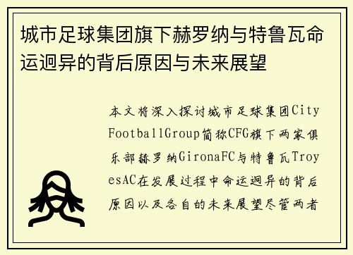 城市足球集团旗下赫罗纳与特鲁瓦命运迥异的背后原因与未来展望